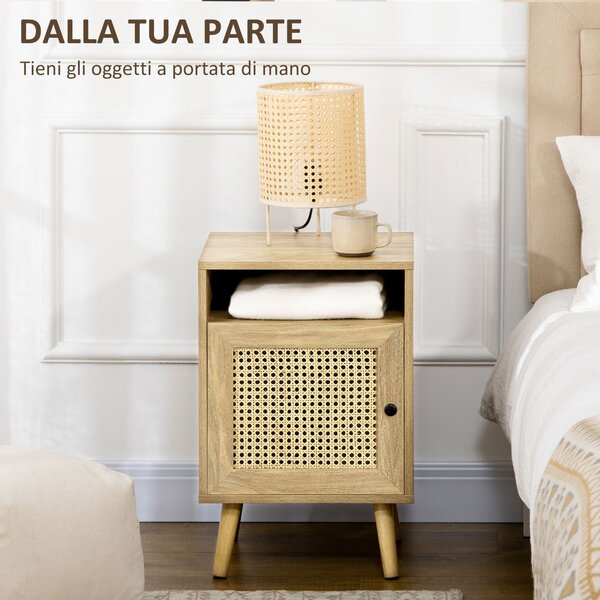 HOMCOM Set 2 Comodini Moderni con Armadietto e Ripiano Aperto, in Truciolato e Rattan, 39x35x60 cm|Aosom