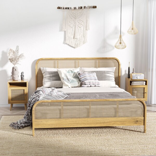 HOMCOM Set 2 Comodini Moderni con Armadietto e Ripiano Aperto, in Truciolato e Rattan, 39x35x60 cm|Aosom