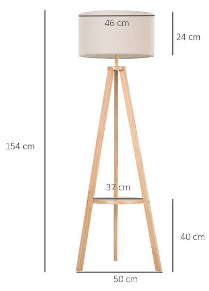HOMCOM Lampada da Terra con Ripiano Intermedio Paralume in Lino Interruttore a Pedale Risparmio Energetico Altezza 154cm, Legno, 50x50x154 cm|Aosom