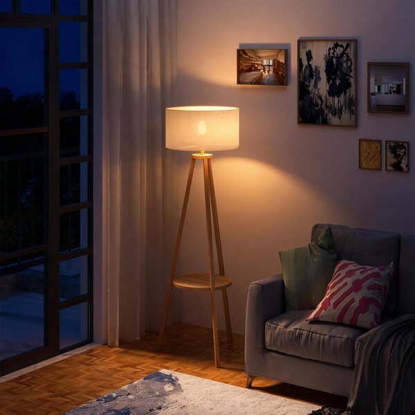 HOMCOM Lampada da Terra con Ripiano Intermedio Paralume in Lino Interruttore a Pedale Risparmio Energetico Altezza 154cm, Legno, 50x50x154 cm|Aosom