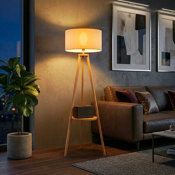 HOMCOM Lampada da Terra con Ripiano Intermedio Paralume in Lino Interruttore a Pedale Risparmio Energetico Altezza 154cm, Legno, 50x50x154 cm|Aosom