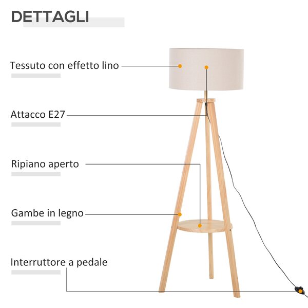 HOMCOM Lampada da Terra con Ripiano Intermedio Paralume in Lino Interruttore a Pedale Risparmio Energetico Altezza 154cm, Legno, 50x50x154 cm|Aosom