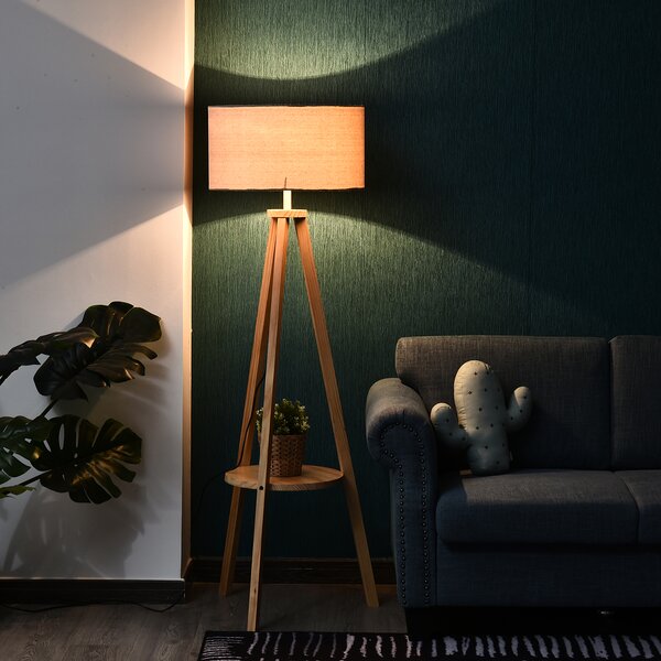 HOMCOM Lampada da Terra con Ripiano Intermedio Paralume in Lino Interruttore a Pedale Risparmio Energetico Altezza 154cm, Legno, 50x50x154 cm|Aosom