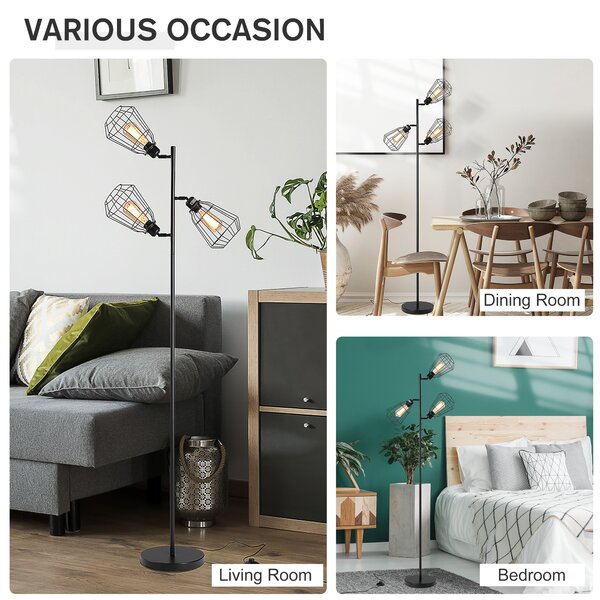 HOMCOM Lampada da terra a forma di ramo con 3 paralume regolabile base in acciaio per soggiorno Camera da letto Ufficio nero Ф36 x 165cm