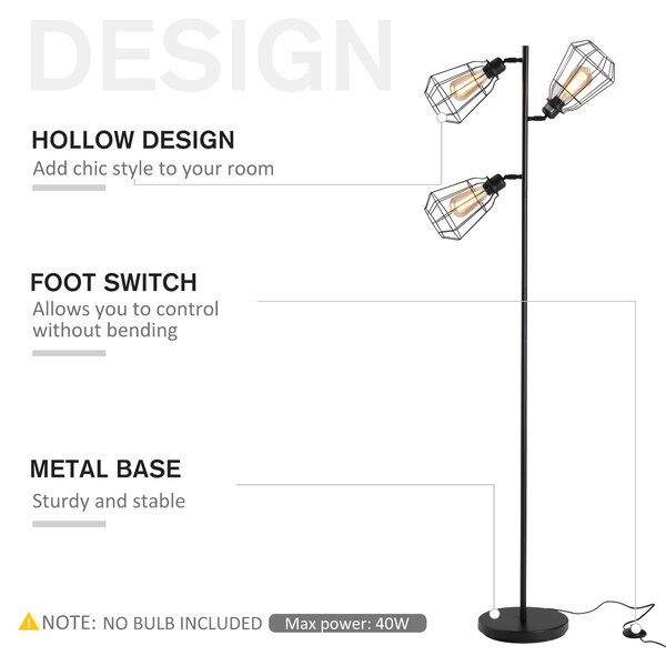 HOMCOM Lampada da terra a forma di ramo con 3 paralume regolabile base in acciaio per soggiorno Camera da letto Ufficio nero Ф36 x 165cm