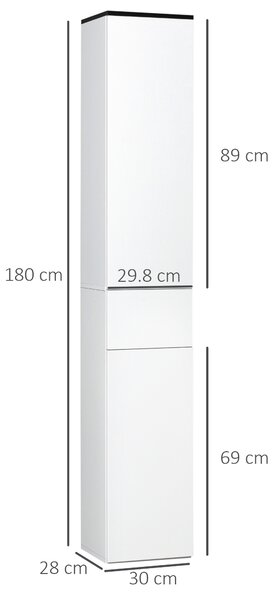 Kleankin Mobile Bagno con Ripiano Regolabile, Colonna Bagno 2 Ripiani Chiusi e un Cassetto in Legno, 30x28x180 cm, Bianco|Aosom