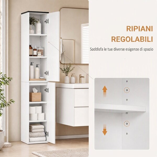 Kleankin Mobile Bagno con Ripiano Regolabile, Colonna Bagno 2 Ripiani Chiusi e un Cassetto in Legno, 30x28x180 cm, Bianco|Aosom