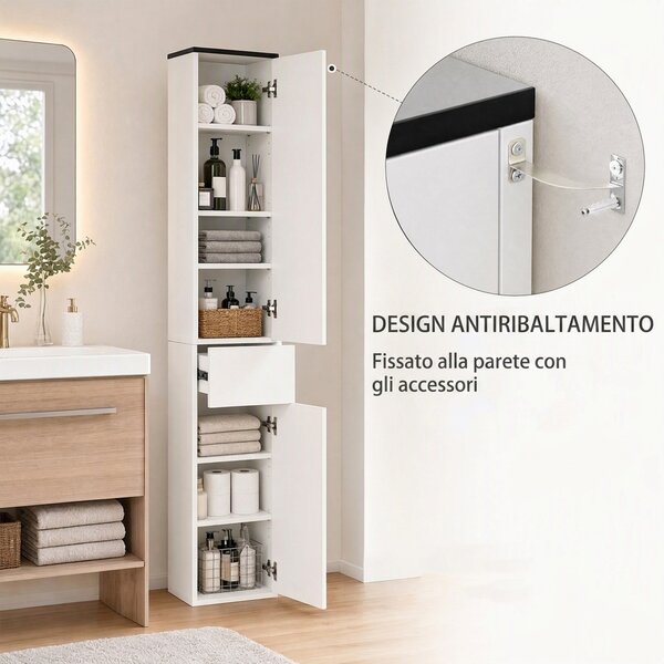 Kleankin Mobile Bagno con Ripiano Regolabile, Colonna Bagno 2 Ripiani Chiusi e un Cassetto in Legno, 30x28x180 cm, Bianco|Aosom