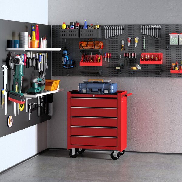 HomCom Carrello Cassettiera Porta Utensili per officina Carrello da Officina Cassettiera con Ruote, rosso, 67.5x33x77cm|Aosom