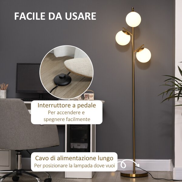 HOMCOM Lampada da Terra Moderna con 3 Punti Luce in Acciaio e Vetro, Ø27x159cm, Oro