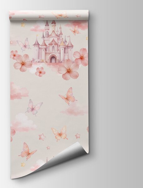 Carta da parati Motivo con farfalle rosa e un castello, Carta da parati Farfalle, Carta da parati popolare, t00942v2 - Tapeko.it