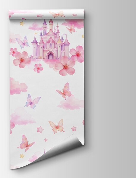 Carta da parati Motivo con farfalle rosa e viola e un castello, Carta da parati Farfalle, Carta da parati popolare, t00942 - Tapeko.it