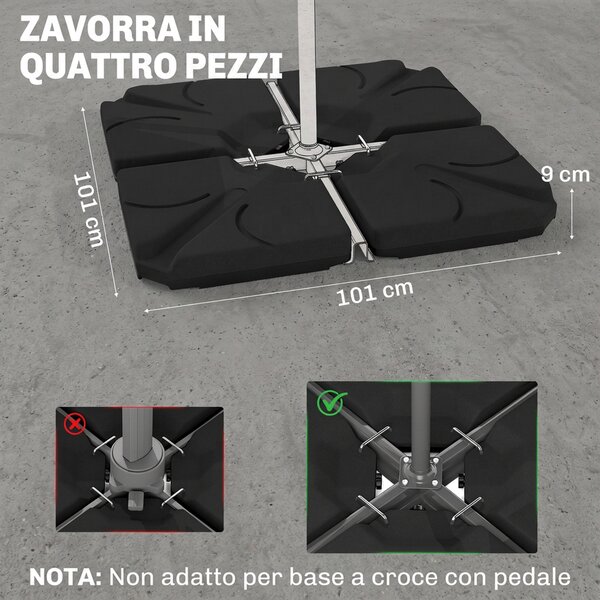 Outsunny Base per Ombrellone in HDPE da 4 Pezzi, Riempibili con Acqua e Sabbia max 18kg, 103x103x8.3 cm, Nero|Aosom