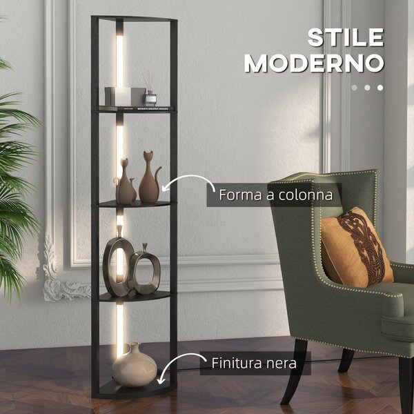 HOMCOM Lampada da Terra a Colonna in MDF con 4 Ripiani e Illuminazione a LED da 3000K, 41x29.5x163.5 cm, Nero|Aosom