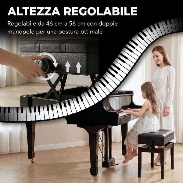 HOMCOM Sgabello per Pianoforte con Altezza Regolabile e Contenitore in Legno e Finta Pelle, 63x35x46-56cm, Nero
