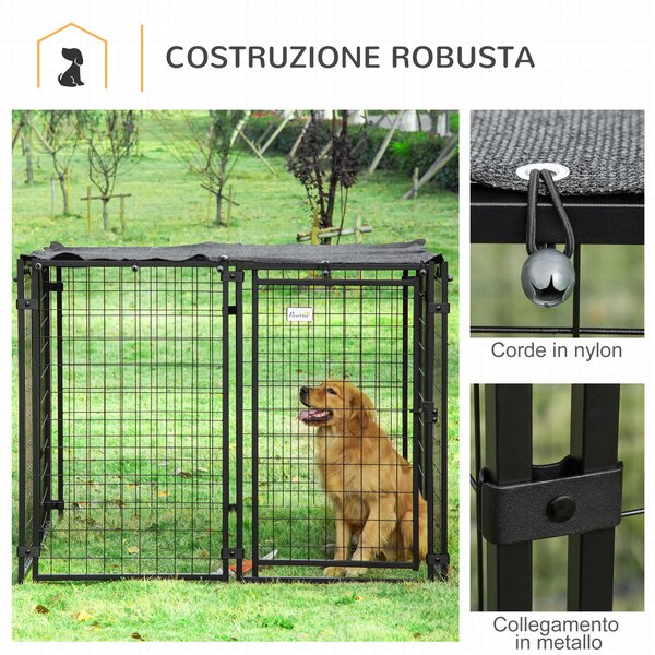 PawHut Recinto per Cani in Acciaio Pieghevole con Copertura, Box per Animali a 8 Pannelli con Porta Bloccabile, 141x141x113cm, Nero|Aosom