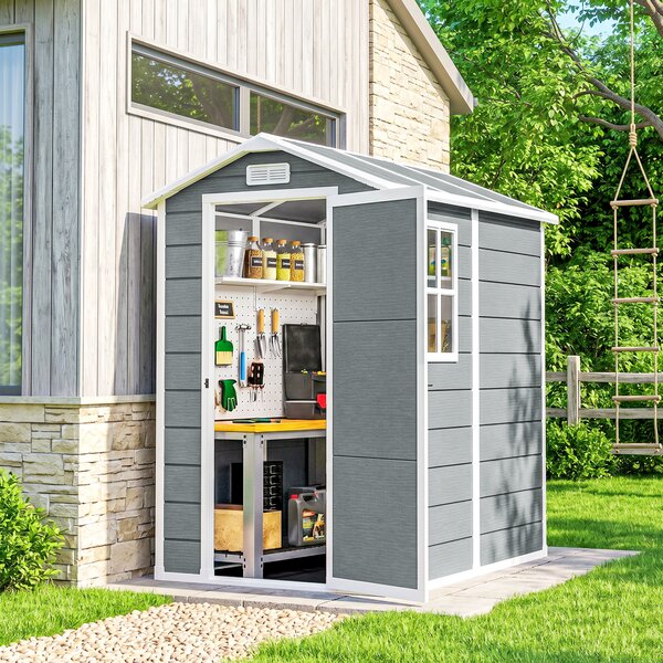 Outsunny Casetta da Giardino in Resina con Pavimento, Porta con Blocco e Finestra, 1.3 x 1.8 m, Grigio