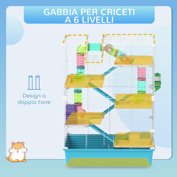 PawHut Gabbia per Criceti 6 Livelli con Tunnel, Ruota, Rampe, Casetta, Bottiglia e Ciotola, Azzurro