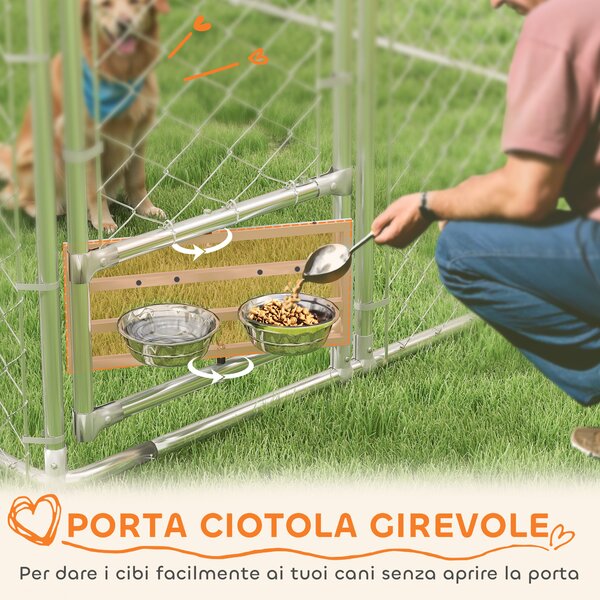 PawHut Recinto per Cani con Coperture e Ciotole Girevoli, in Acciaio e tessuto Oxford, 4x2.3x1.5 m, Argento