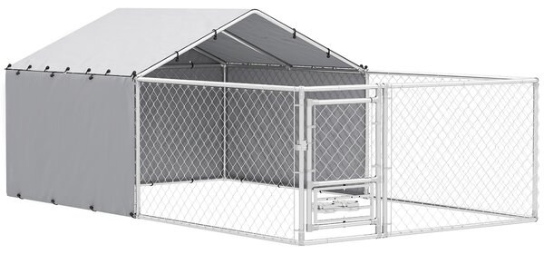 PawHut Recinto per Cani con Coperture e Ciotole Girevoli, in Acciaio e tessuto Oxford, 4x2.3x1.5 m, Argento