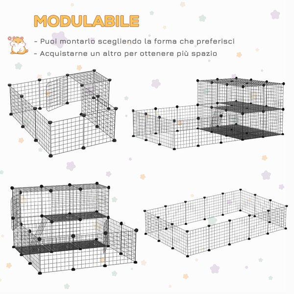 PawHut Recinto Modulabile per Conigli e Roditori, Box Metallo con Accessori, 175x105x70cm - Nero|Aosom