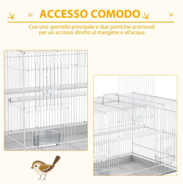 PawHut Gabbia per Pappagalli in Metallo con Posatoi, Ciotole per Cibo e Maniglia, 60x41x41cm|Aosom