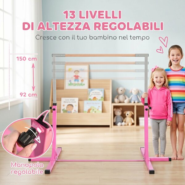 Sbarra per Ginnastica Artistica Sbarra Danza Classica Panche e attrezzi Rosa e grigio 197L x 121P x 92-150Acm Acciaio, Legno di faggio Homcom|Aosom