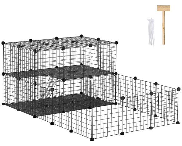 PawHut Recinto Modulabile per Conigli e Roditori, Box Metallo con Accessori, 175x105x70cm - Nero|Aosom