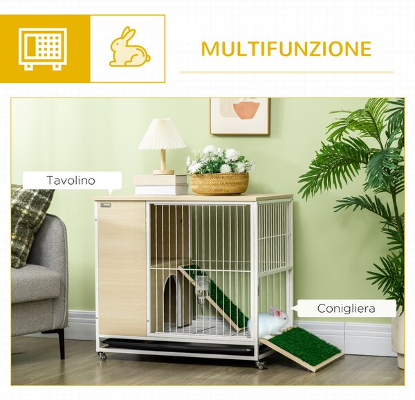 PawHut Gabbia per Conigli con Serbatoio d'Acqua e Vassoio Estraibile, Tavolino da Salotto in Legno, Acciaio e PVC, 78x52.5x76.5 cm, Rovere | Aosom