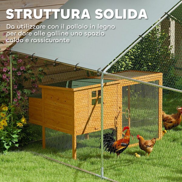 PawHut Recinto per Galline da 10.2m² per 10-15 Galline con Tetto Impermeabile, in Acciaio e Tessuto, 3x3.4x1.9 m, Argento | Aosom Italy