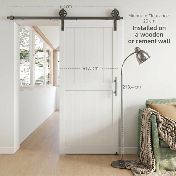 HOMCOM Porta Scorrevole in Stile Country con Binario e Maniglia, in Legno e Acciaio, 183x0.6x4 cm, Bianco e Nero | Aosom Italy