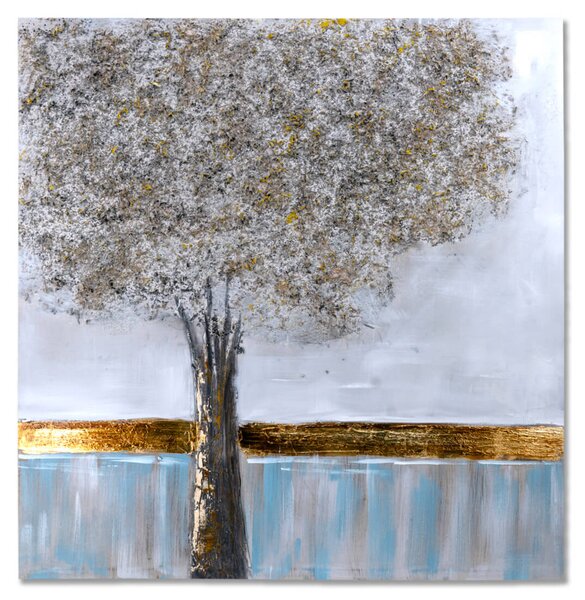 Quadro Dipinto Albero Dorato 100x100 cm Cornice in Abete Multicolor