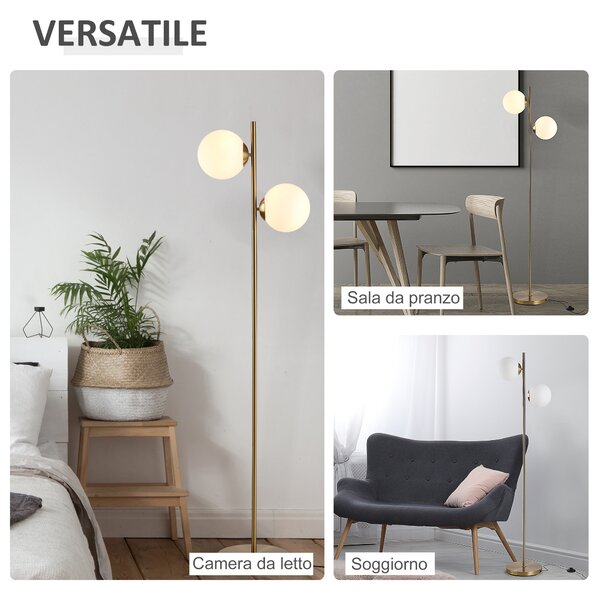 HOMCOM Lampada da Terra con 2 Luci e Paralumi a Sfera, Interruttore a Pedale e Attacco E27, Ø28x165 cm, Oro | Aosom Italy