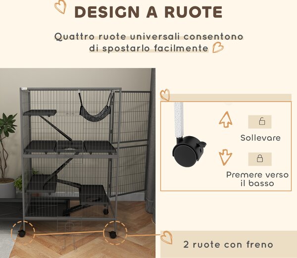 PawHut Gabbia per Roditori con 4 Ingressi a Livelli Multipli con Amaca, in Metallo e PP, 80x52x128 cm, Argento e Grigio | Aosom Italy