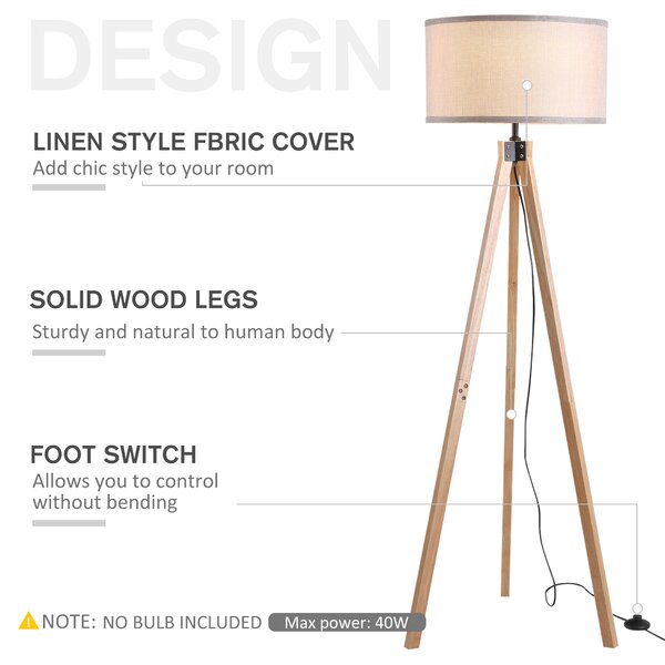 HOMCOM HOMCOM Lampada da terra treppiede in legno con lampadine E27 moderno per camera ufficio paralume beige