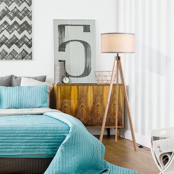 HOMCOM HOMCOM Lampada da terra treppiede in legno con lampadine E27 moderno per camera ufficio paralume beige