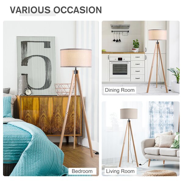 HOMCOM HOMCOM Lampada da terra treppiede in legno con lampadine E27 moderno per camera ufficio paralume beige