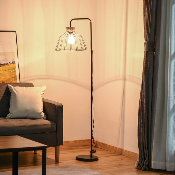 HOMCOM Lampada da Terra di Design Stile Industriale in Metallo e Rattan, Illuminazione Casa e Ufficio, 44x34x154cm, Nero