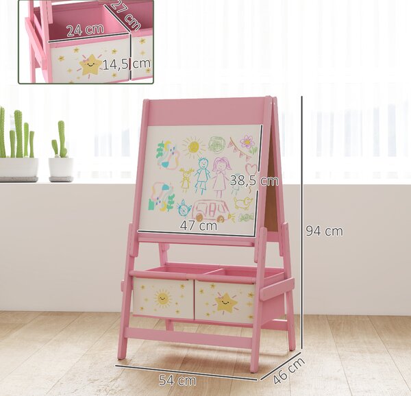 AIYAPLAY Lavagna per Bambini 3 in 1 con Cavalletto, Rotolo di Carta e 2 Cestelli, in Legno, 54x46x94 cm, Rosa | Aosom Italy