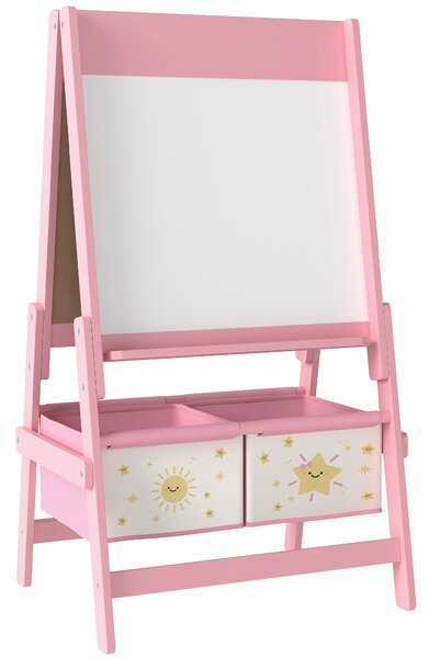 AIYAPLAY Lavagna per Bambini 3 in 1 con Cavalletto, Rotolo di Carta e 2 Cestelli, in Legno, 54x46x94 cm, Rosa | Aosom Italy