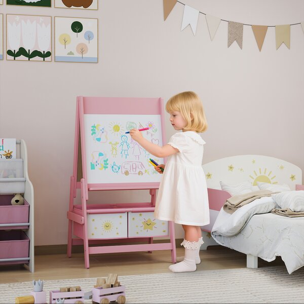 AIYAPLAY Lavagna per Bambini 3 in 1 con Cavalletto, Rotolo di Carta e 2 Cestelli, in Legno, 54x46x94 cm, Rosa | Aosom Italy