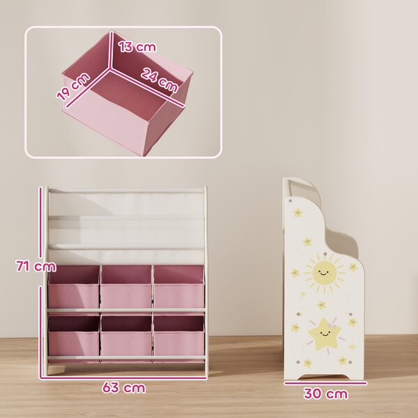 AIYAPLAY Scaffale Portagiochi con 6 Cassetti in Tessuto e Libreria a 2 Livelli, in Legno e Acciaio, 63x30x71 cm, Rosa | Aosom Italy