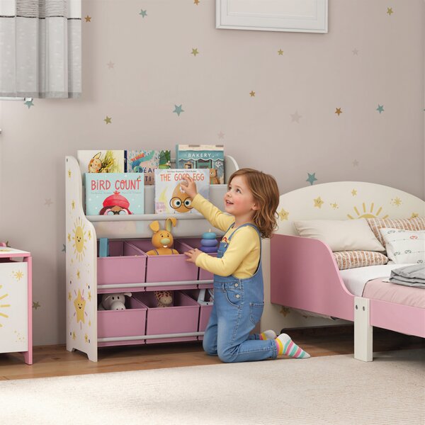 AIYAPLAY Scaffale Portagiochi con 6 Cassetti in Tessuto e Libreria a 2 Livelli, in Legno e Acciaio, 63x30x71 cm, Rosa | Aosom Italy