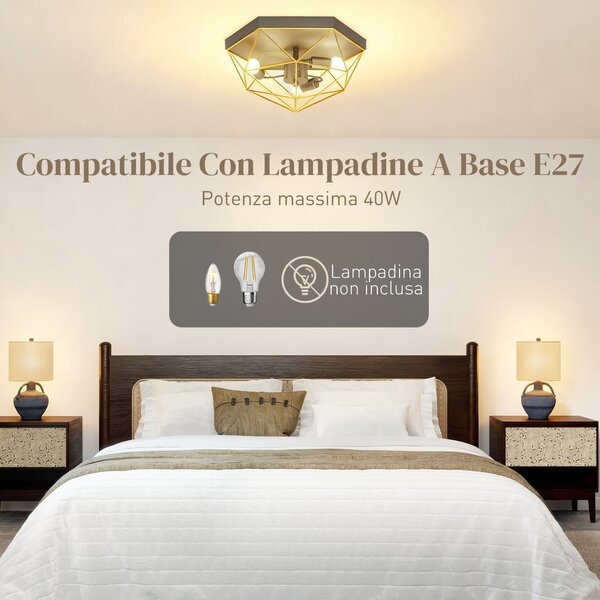 HOMCOM Lampada da Soffitto Stile Industriale Geometrica con 3 Attacchi E27 per Lampadine LED, Nero e Oro | Aosom Italy