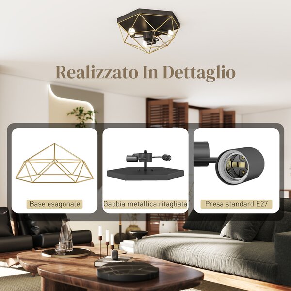 HOMCOM Lampada da Soffitto Stile Industriale Geometrica con 3 Attacchi E27 per Lampadine LED, Nero e Oro | Aosom Italy