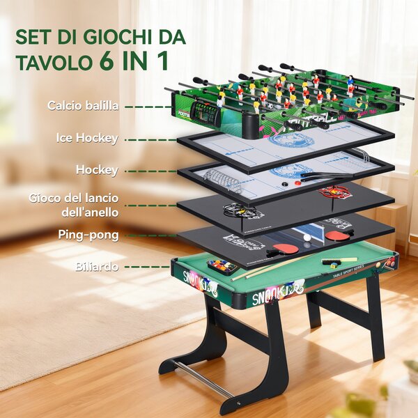 HOMCOM Tavolo da Gioco 6 in 1 con Calcio Balilla, Biliardo, Air Hockey, Ping Pong, Anelli e Hockey su Prato, 118x104x71 cm | Aosom Italy