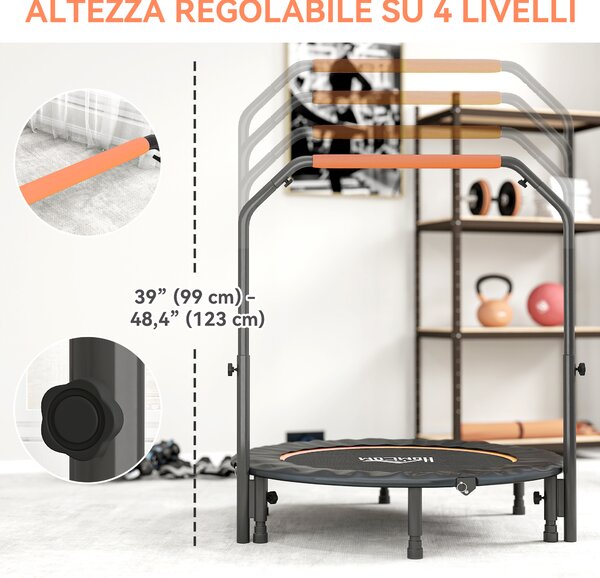 HOMCOM Mini Trampolino Fitness Ø114 cm Pieghevole con Manubrio Regolabile in Altezza, Arancione e Nero | Aosom Italy
