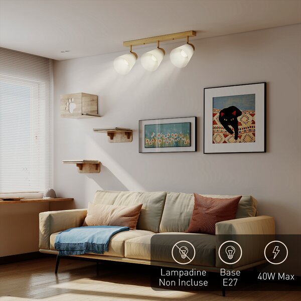 HOMCOM Lampadario da Soffitto con 3 Punti Luce Regolabili a 90° e Attacchi E27, Colore Legno | Aosom Italy