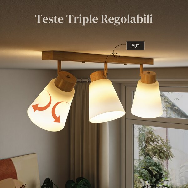 HOMCOM Lampadario da Soffitto con 3 Punti Luce Regolabili a 90° e Attacchi E27, Colore Legno | Aosom Italy