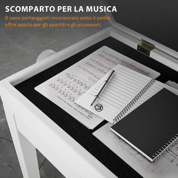 HOMCOM Sgabello Pianoforte Regolabile con Vano Portaoggetti e Seduta Imbottita, 54.5x33x48-58 cm, Bianco | Aosom Italy